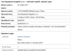 Чехиядаги ширкатлар реестрига кўра, "Yes" ширкати Прага шаҳрида 2017 йил апрель ойида рўйхатга олинган.