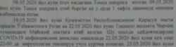 Izboskan tumani Sanitariya-epidemiologik osoyishtalik markazi bosh vrachi V. Qodirov nomidan 26 may kuni tuman Favqulodda vaziyatlar bo‘limi boshlig‘i nomiga yozilgan xatdan parcha. .